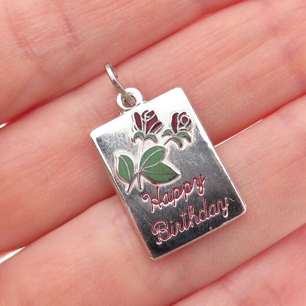 BEAU 925 Sterling Silver Vintage Enamel Happy Birthday Rose Mini Charm Pendant